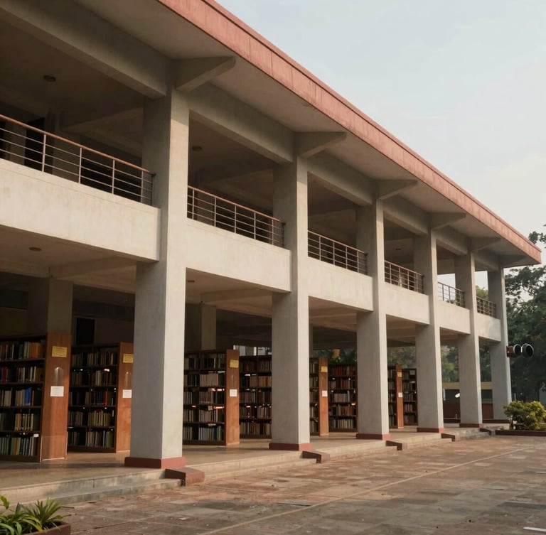 Wide-angle architectural shot of a prestigious engineering college library in South India, warm natural daylight, structured concrete pillars.