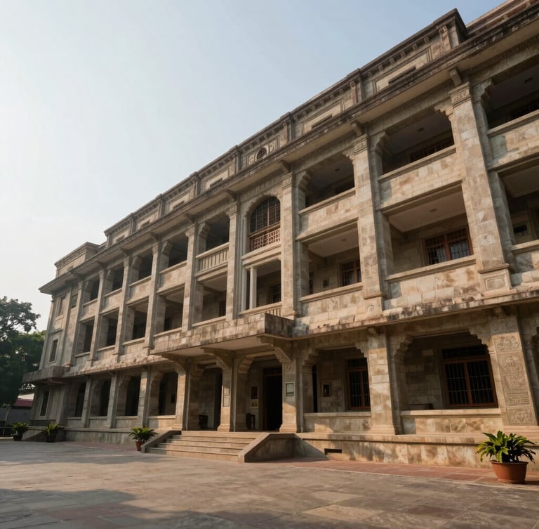 Wide architectural perspective of a prestigious South Indian engineering campus stone library facade, bright natural daylight, soft shadows, negative space on the left