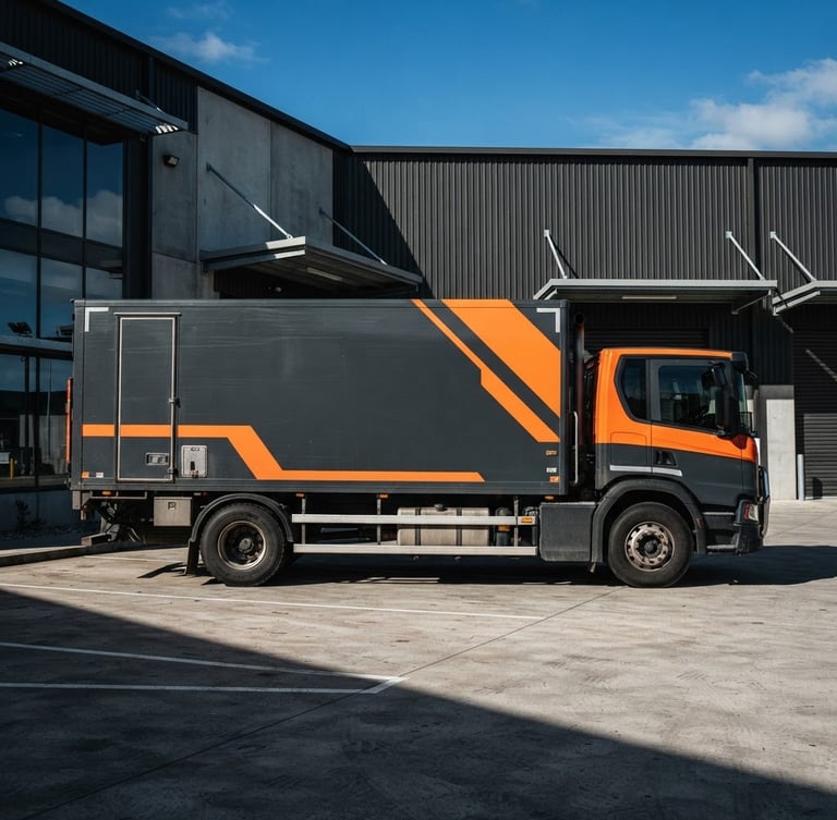 Side view of a branded heavy-duty fleet vehicle parked outside a modern industrial warehouse, crisp daylight, high contrast shadows