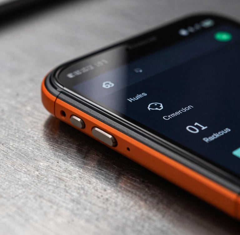 Extreme close-up macro shot of a rugged Android phone displaying a technical diagnostic interface, resting on a brushed metal workbench, dramatic high-contrast studio lighting with deep shadows and safety orange accents.