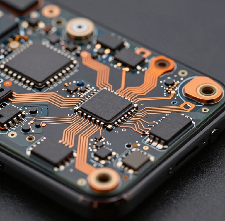 Macro overhead shot of a modern smartphone motherboard, raw copper circuits, high-contrast studio lighting, safety orange accents