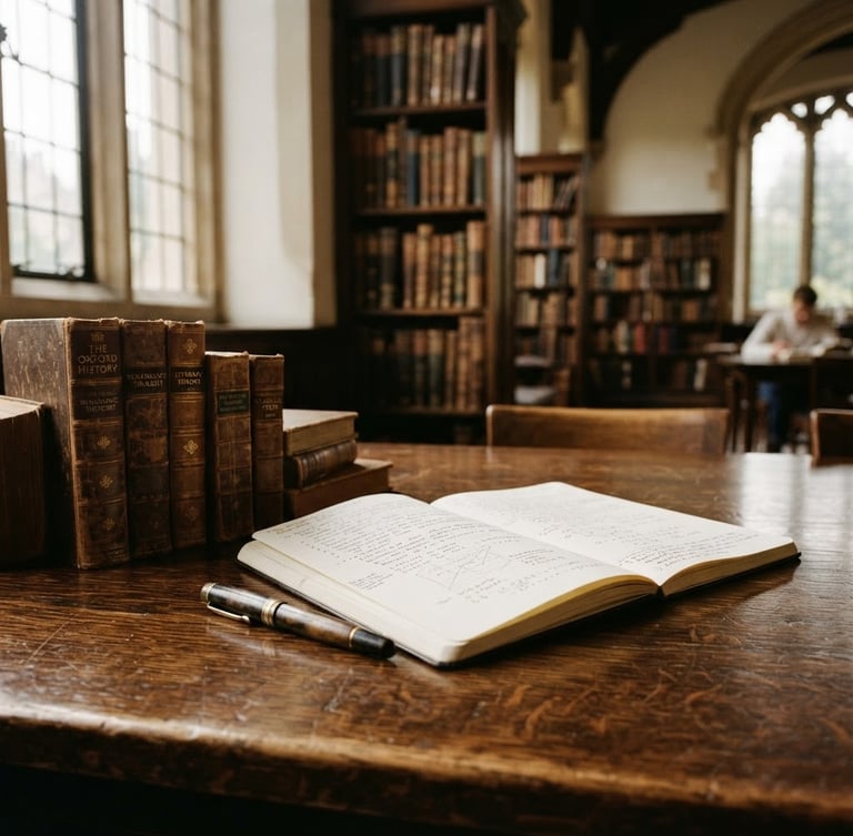 A quiet historic university library with soft natural window light reflecting on dark wood tables, leather-bound books, and a single open notebook with neat handwriting, warm scholarly atmosphere, shallow depth of field, 35mm