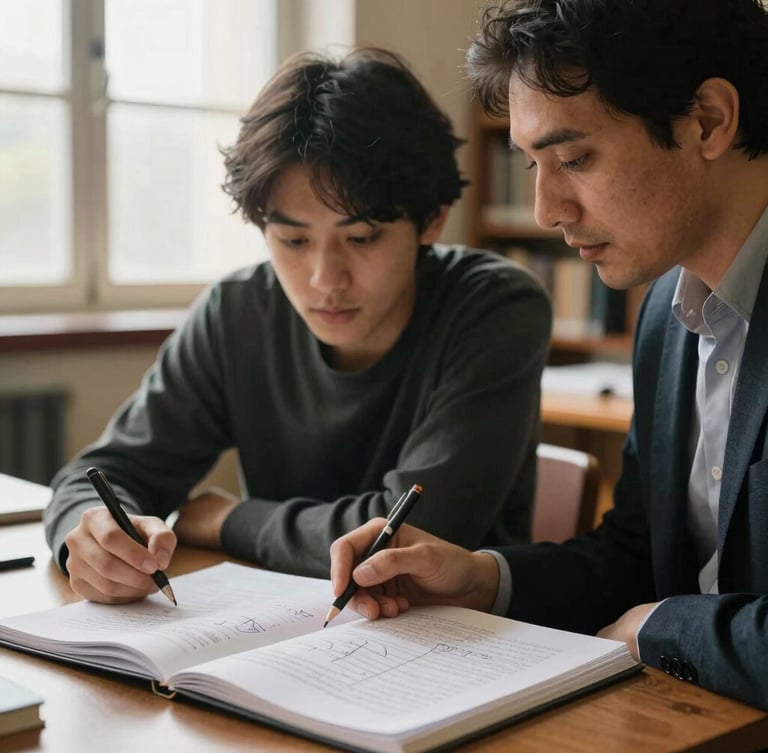 A close-up of a student and mentor analyzing a text together in a warm, scholarly library, open notebooks with neat handwritten diagrams, soft natural window light, 35mm