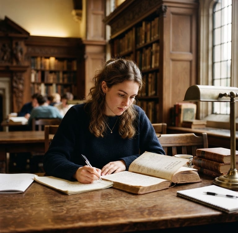 Medium close-up of a focused student in a historic oak-paneled university library, soft natural window light illuminating open leather-bound textbooks and a brass lamp, rich scholarly atmosphere, 35mm photography