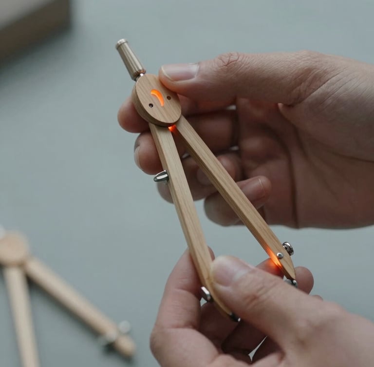 Tactile close-up of hands holding a wooden compass prototype with soft orange glowing light, shallow depth of field, cool grey background