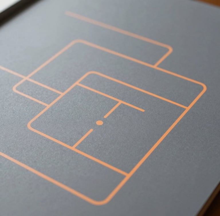 Overhead system map of a decision layer, clean technical diagrams with soft orange accent lines on a matte grey surface, diffused lighting