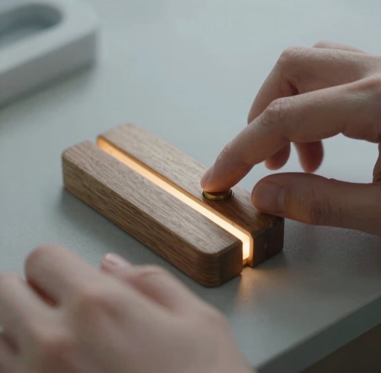 Close-up of hands interacting with a tactile wooden and brass navigation device, soft warm glowing light emitting from the seam, shallow depth of field