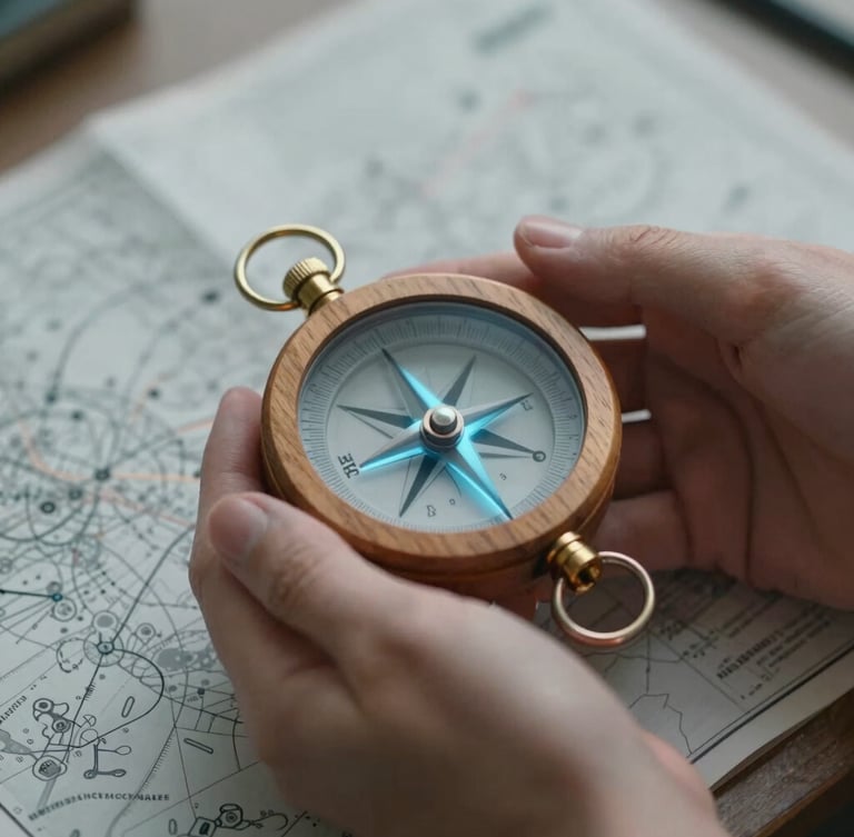 Close-up shot of hands holding a warm-toned wooden compass prototype with a soft blue glowing light, textured paper system map underneath, soft diffused studio lighting, shallow depth of field.