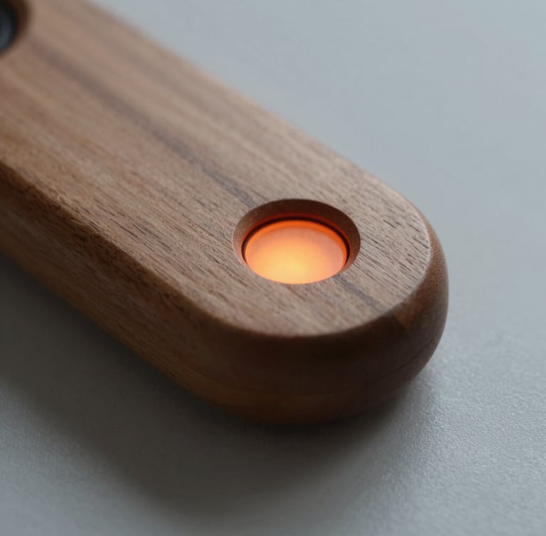 Tactile close-up of a wooden hand-held navigation device with smooth rounded edges, warm studio lighting, soft shadows, focusing on a subtle orange light indicator.