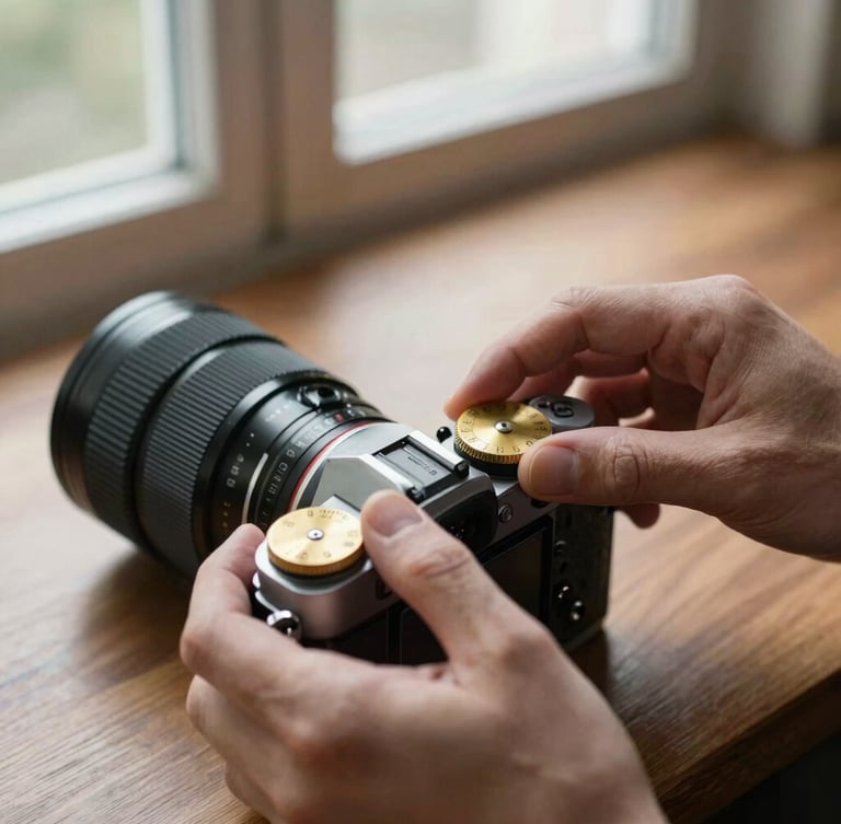 Portrait composition of a filmmaker's hands adjusting a brass dial on an analog camera, soft natural window light, warm walnut wood tones, shallow depth of field, organic film grain.