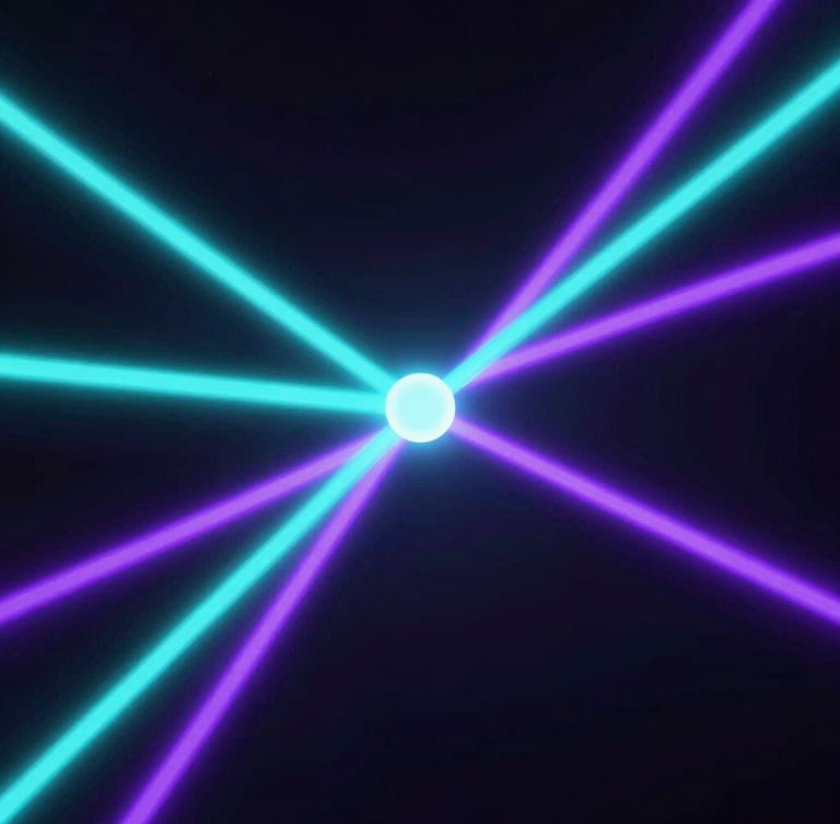 Macro close-up of glowing digital nodes interconnected by vibrant neon cyan and purple light paths, dark high-contrast background, abstract 3d render, octane render