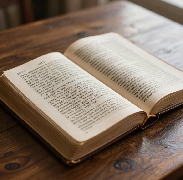 A close-up of an open, ancient leather-bound Bible on a dark wooden table, soft natural morning light highlighting the textured paper and Hebrew text, warm academic atmosphere.