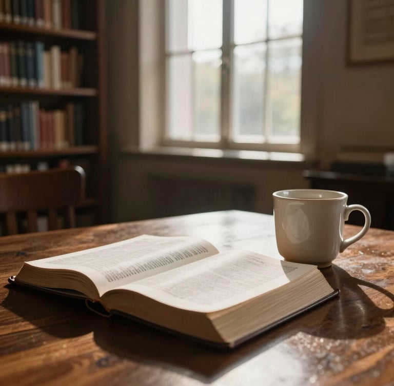A quiet, warm library interior with soft morning light streaming through high windows, an open Bible on a dark wooden table with a ceramic mug nearby, serene and scholarly atmosphere.