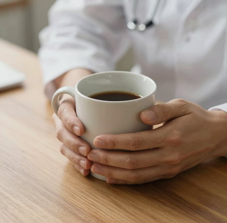 Close-up of warm hands holding a ceramic mug on a wooden table, soft natural daylight, peaceful and supportive clinical setting.