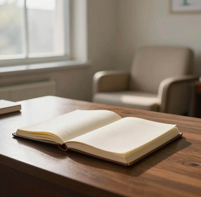 A quiet, warm clinical therapy room with soft natural daylight streaming through a window, an open leather notebook on a dark wooden table, and a comfortable armchair in the background, serene and academic atmosphere.
