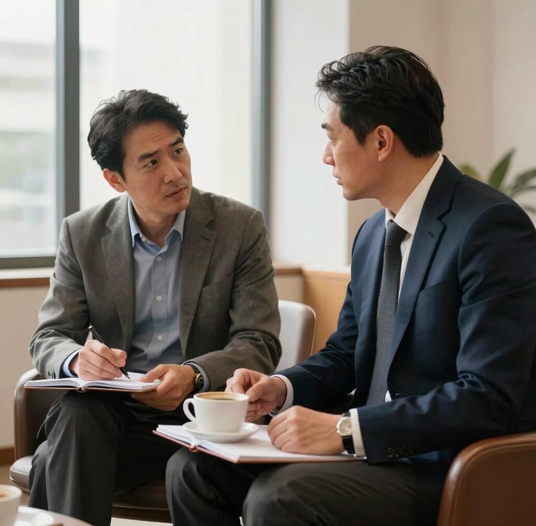 Two men in professional attire sitting in a warm, naturally lit office, engaged in a deep, confidential conversation over open notebooks and coffee cups.