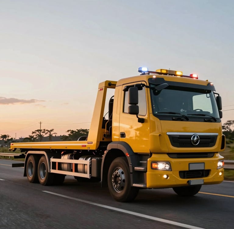 Dynamic wide-angle shot of a modern yellow flatbed tow truck driving on a highway in Santos at sunset, high contrast, industrial tones