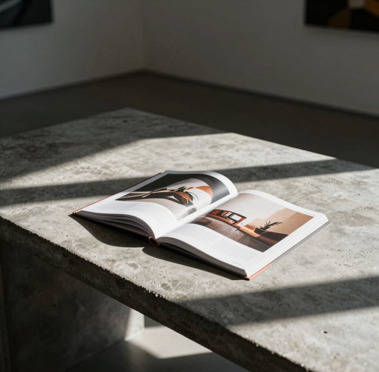 Wide-angle architectural shot of an open art catalog lying on a raw concrete table inside a minimalist, sun-drenched gallery space, casting sharp diagonal shadows.