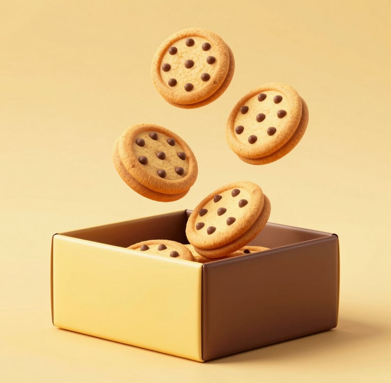 A highly stylized 3D render of an open butter-yellow and chocolate-brown cookie box, with four ultra-thin chocolate chip cookies floating above it, warm studio lighting, clean yellow background.