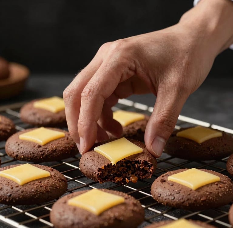 A close-up of a pastry chef's hand gently placing thin freshly baked cookies onto a cooling rack, warm high-contrast studio lighting, rich chocolate brown tones.