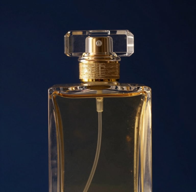 Macro shot of luxury perfume glass bottle catching golden-hour light, deep blue background, soft golden highlights, premium aesthetic