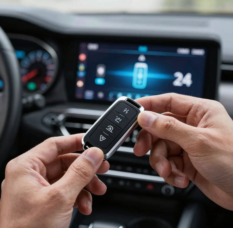 Macro shot of a high-tech car key programmer screen glowing inside a vehicle cabin, hands holding a sleek modern smart fob, directional dashboard light.