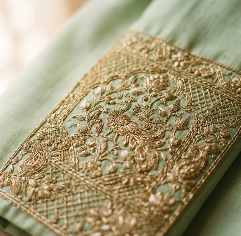 Close-up of delicate gold Kasavu embroidery on a soft pista green silk fabric, intricate traditional pattern, warm natural daylight, shallow depth of field