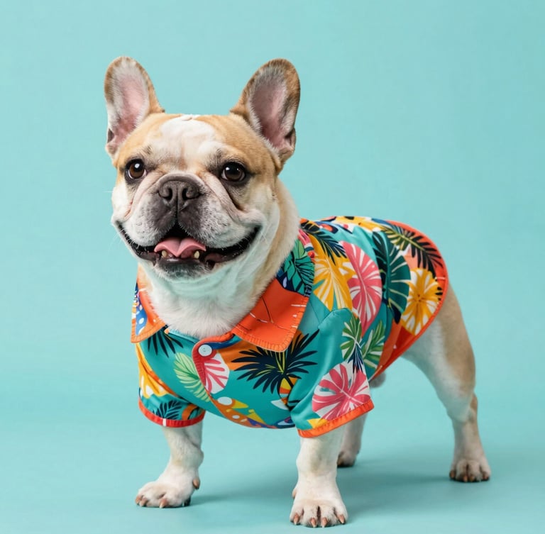 Vibrant studio pet photography of a happy French Bulldog wearing a custom-tailored colorful tropical shirt, bright teal backdrop, soft lighting, eye-level medium shot showing comfortable fit.