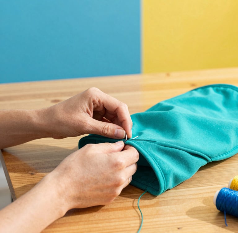 Hands of a local artisan carefully sewing a vibrant teal pet garment on a wooden table, warm natural light, fabrics and threads nearby