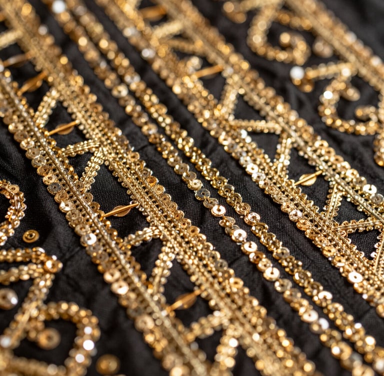Macro close-up of intricate gold embroidery and hand-anchored sequins on heavy black georgette fabric, catching warm golden light, shallow depth of field