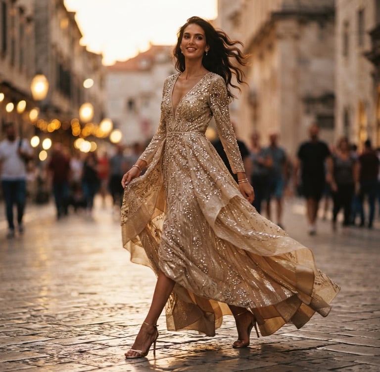 Low-angle full-length editorial shot of a model in a heavily embellished champagne gold party dress moving gracefully, warm dramatic golden-hour lighting, shallow depth of field, 35mm