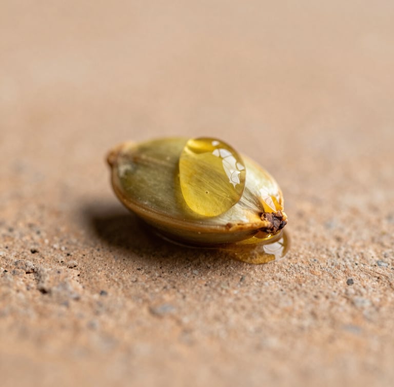 Macro close-up of raw golden jojoba oil dripping from a fresh seed, soft morning daylight, warm clay textured stone background, organic editorial photography, 35mm