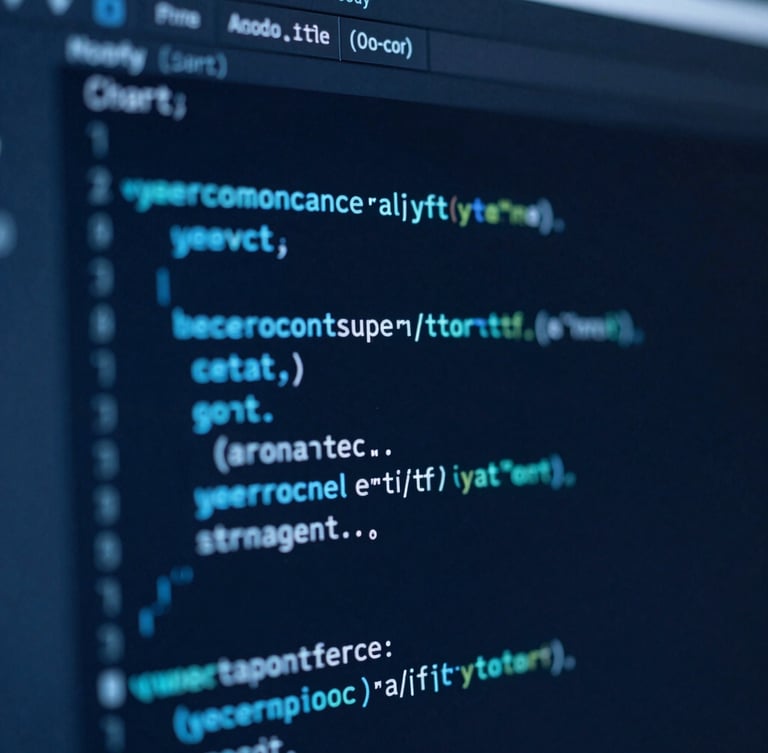 Moody technical macro photography of clean code on a screen, deep blue ambient office light, cool-toned cyan accent highlights, shallow depth of field