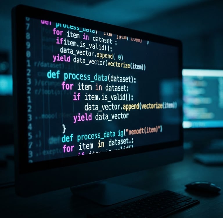Macro photograph of clean code on a dark screen, sharp neon cyan light reflecting on the glass, moody ambient office lighting, shallow depth of field