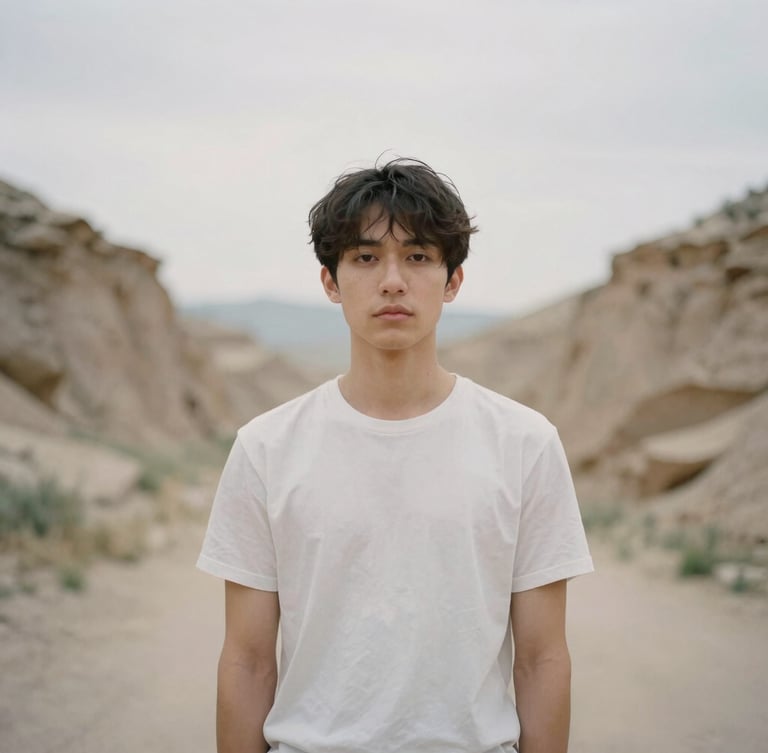 Wide environmental portrait of a subject framed against the soft overcast sky of a Casper canyon, muted neutral tones, shallow depth of field, 35mm film aesthetic