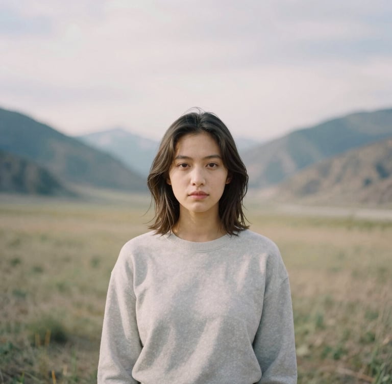 A striking environmental portrait of a person standing in a quiet Wyoming valley during soft overcast daylight, 35mm film aesthetic, shallow depth of field