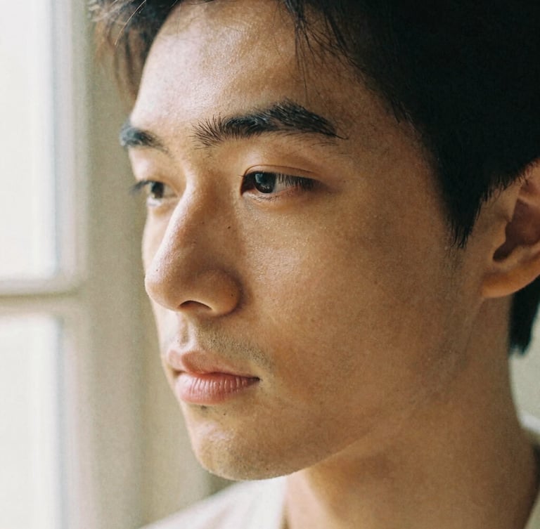 Close-up portrait of an individual under soft, diffused window light, showing natural skin texture and a calm expression, warm sand tones