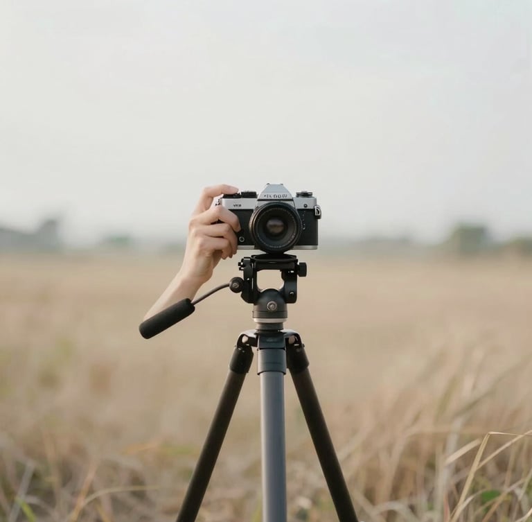 A minimalist environmental portrait of a photographer adjusting a vintage camera on a tripod, soft overcast daylight, dry grass background.