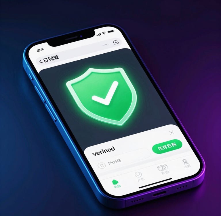 A close-up of a mobile screen showing a verified green shield badge and transaction logs, glowing neon green and electric blue lighting, dark high-contrast background, vibrant 3D render