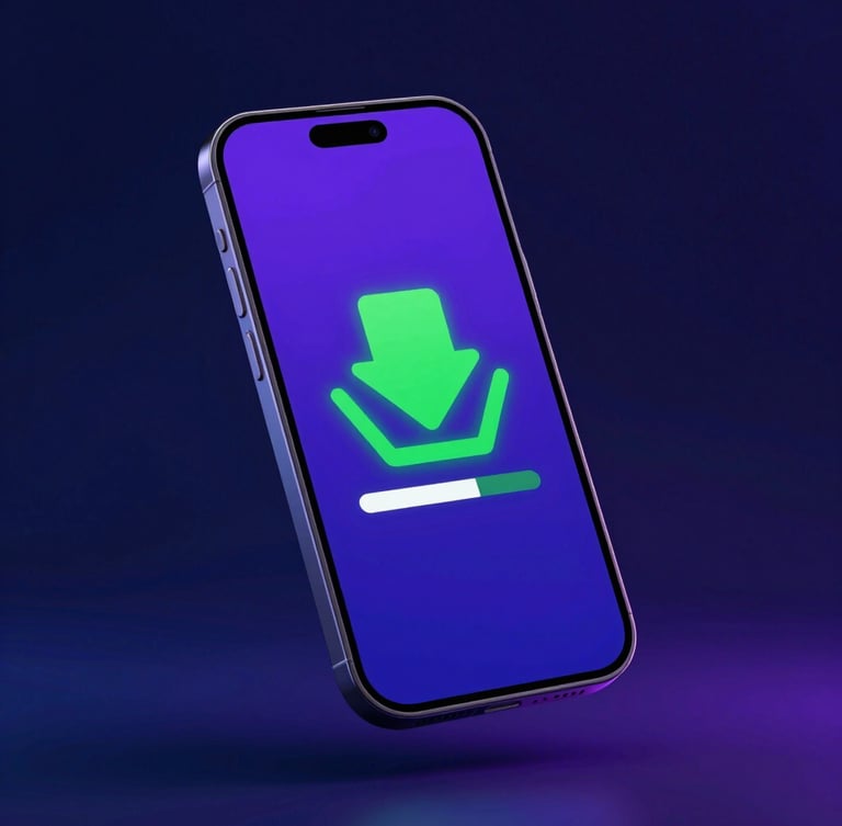 Sleek smartphone mockup floating against a dark neon blue background, displaying a green download progress bar on screen, high-contrast studio lighting, vibrant 3D render
