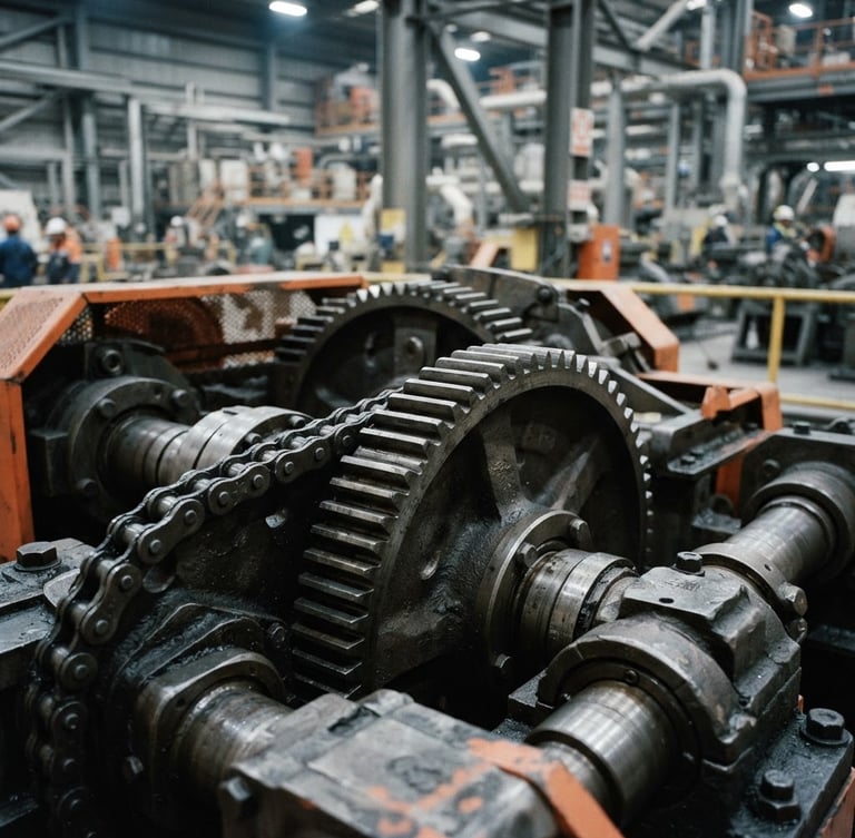 Industrial documentary photography, close-up of heavy steel gears in a Chilean mining facility, cool overhead warehouse lighting, sharp focus, 35mm