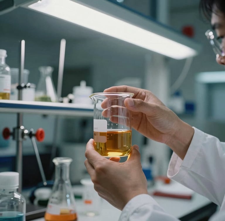 Cool fluorescent lighting in a modern chemical laboratory, close-up of a technician's hands holding a glass beaker with amber-colored oil, steel instruments in background, 35mm.