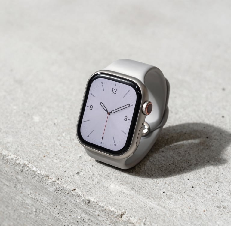 Premium modern smartwatch resting on a raw concrete surface, crisp natural side-lighting, soft shadows, 35mm lens, sharp focus on brushed titanium texture