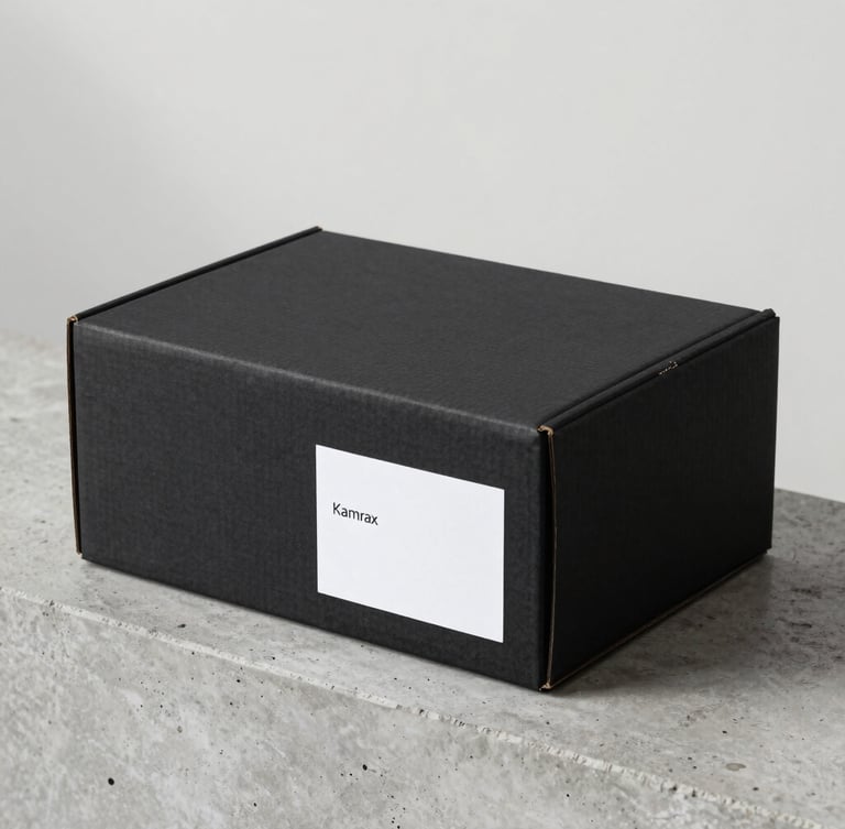 A minimalist matte-black cardboard shipping box with a clean white Kamrax label, resting on a raw concrete ledge, soft morning side-light, sharp focus on paper texture