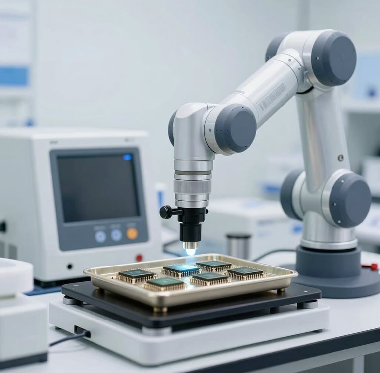 Clinical cleanroom laboratory with technical testing equipment, a robotic arm inspecting a tray of microchips, bright neutral white light, sharp focus.