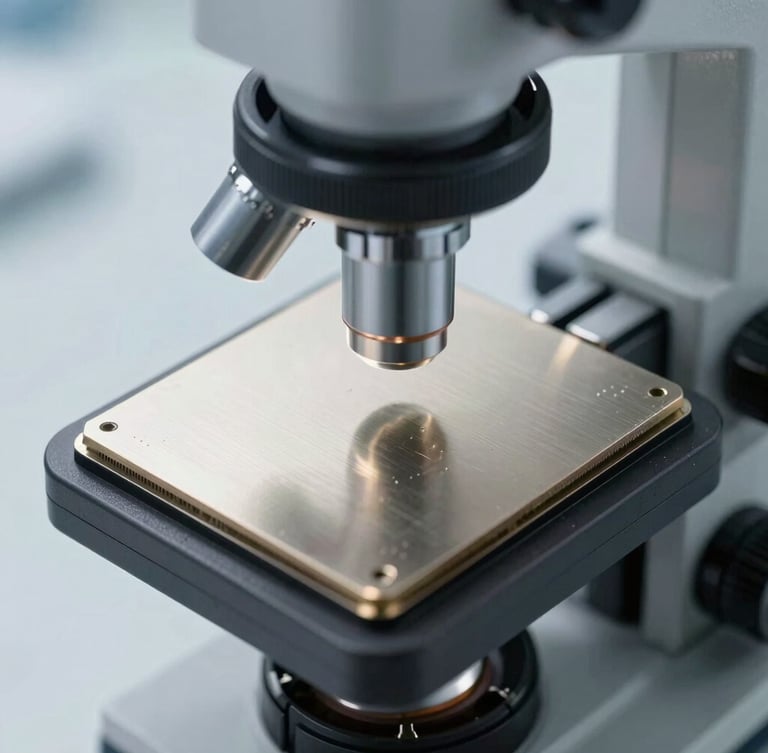 Clinical close-up of a legacy silicon die under a laboratory microscope, cool silver and slate tones, bright neutral cleanroom lighting, sharp focus.