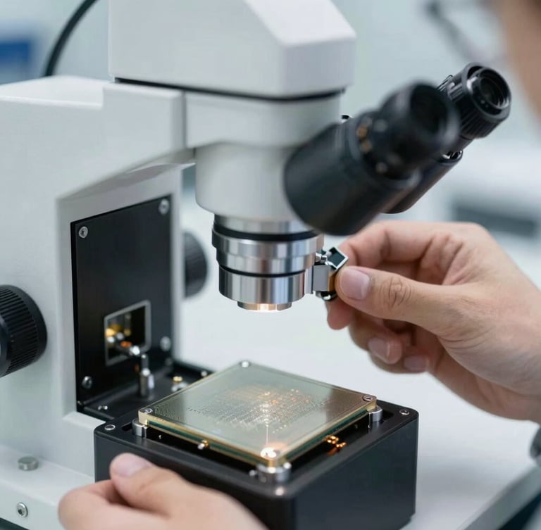 Clinical industrial photography of an engineer inspecting a silicon die under a high-magnification microscope, bright white laboratory lighting, sharp focus