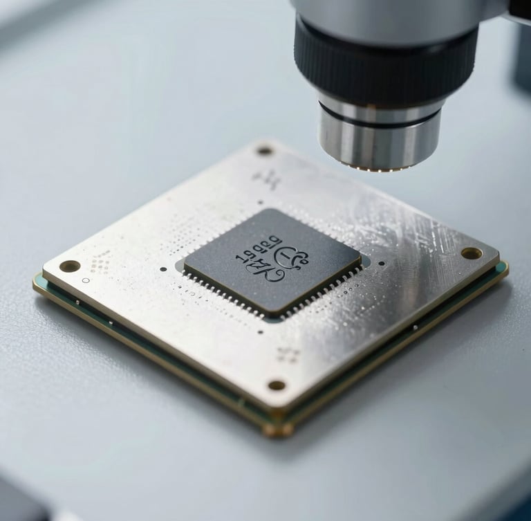 Macro photograph of a silicon microchip under a clinical cleanroom microscope, sharp focus on the die markings, cool silver and slate tones.