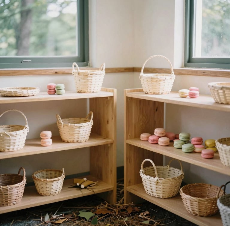 Warm editorial photography of a sunlit classroom corner with low wooden shelves, handcrafted baskets, and natural objects from the forest floor, soft morning daylight, gentle macaron pastel tones, shallow depth of field, candid, 35mm film style