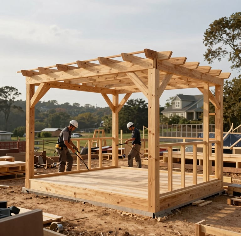 A clean, organized outdoor construction site in Virginia, professional carpenters assembling a timber pavilion frame under bright overcast daylight, editorial style.